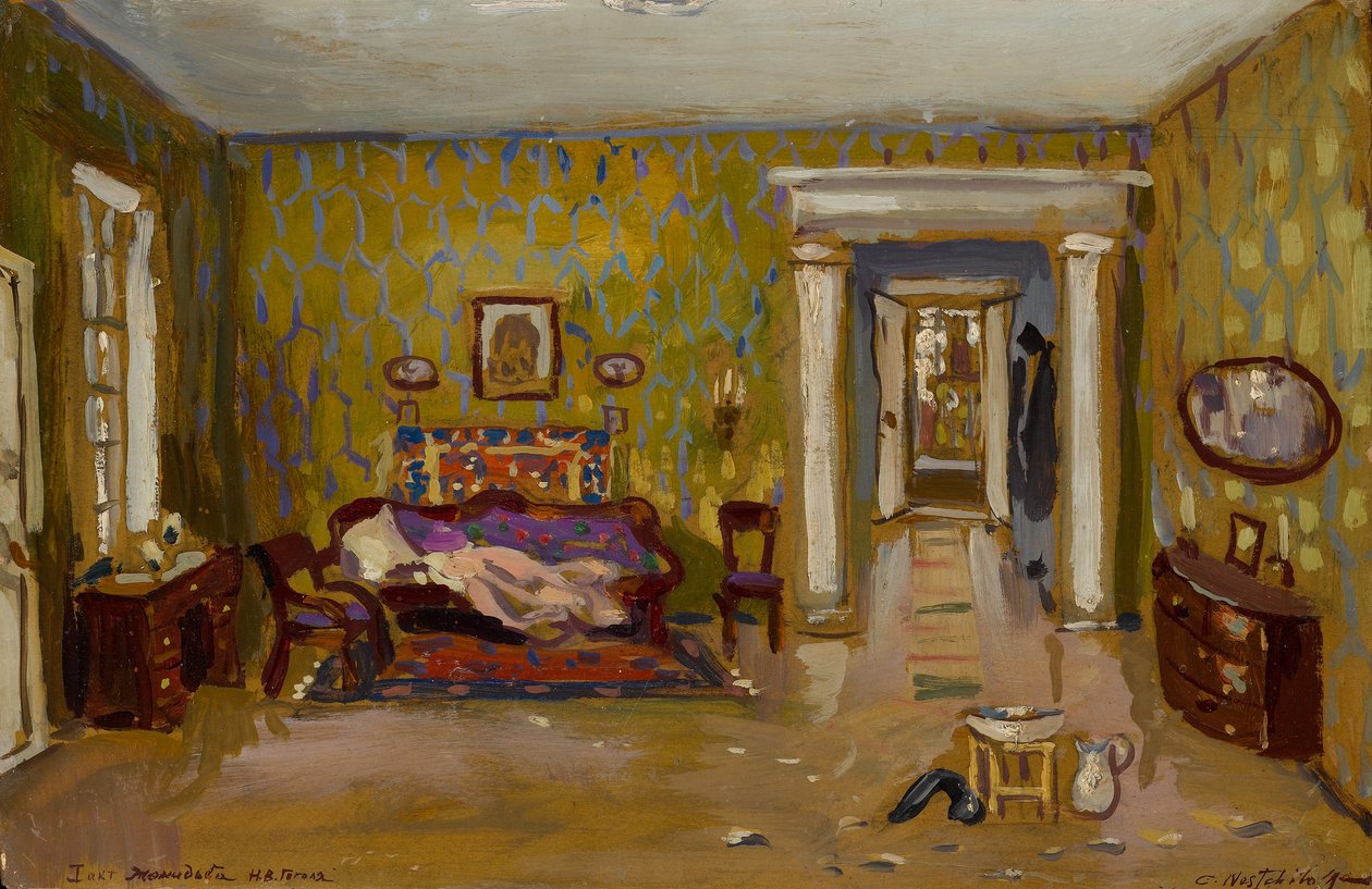 Interior para Nikolai Gogols Play Marriage, 1944 (óleo sobre papelão) de Constantin Alexandrovich Westchiloff
