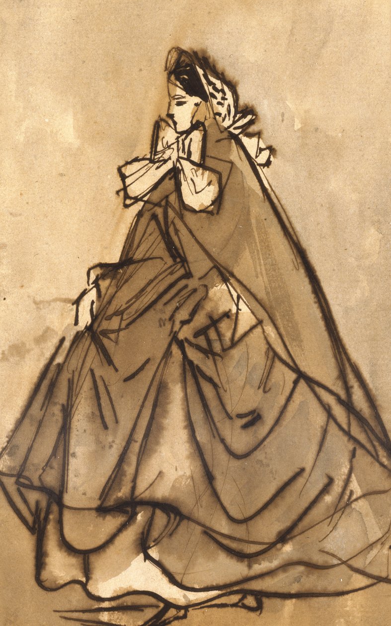 Uma Dama Elegante (tinta marrom e lavagem no papel) de Constantin Guys
