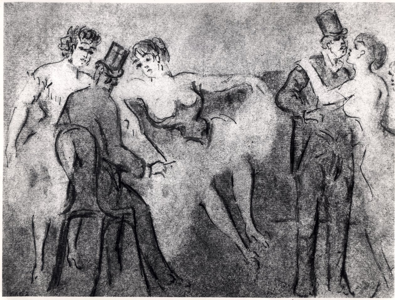 No Bordel, c.1850 (caneta e tinta para lavar no papel) de Constantin Guys