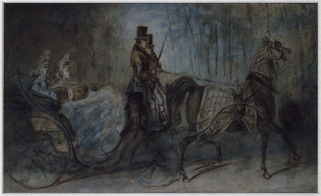 Mulheres elegantes em uma carruagem puxada por cavalos (tinta e wc no papel) de Constantin Guys