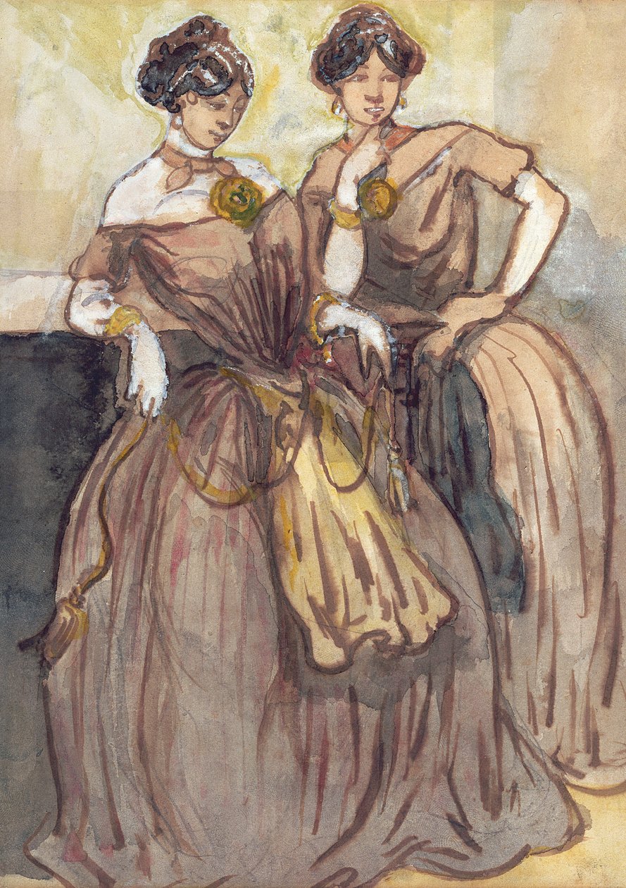 Dois, mulheres jovens, ficar, (guache) de Constantin Guys
