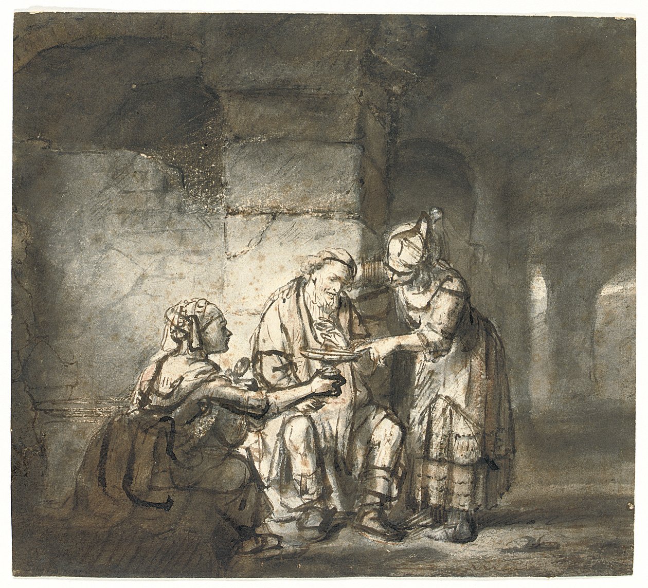 Ló e suas filhas (Gênesis 19:33) (giz preto e vermelho, caneta e tinta marrom) de Constantin Daniel van Renesse