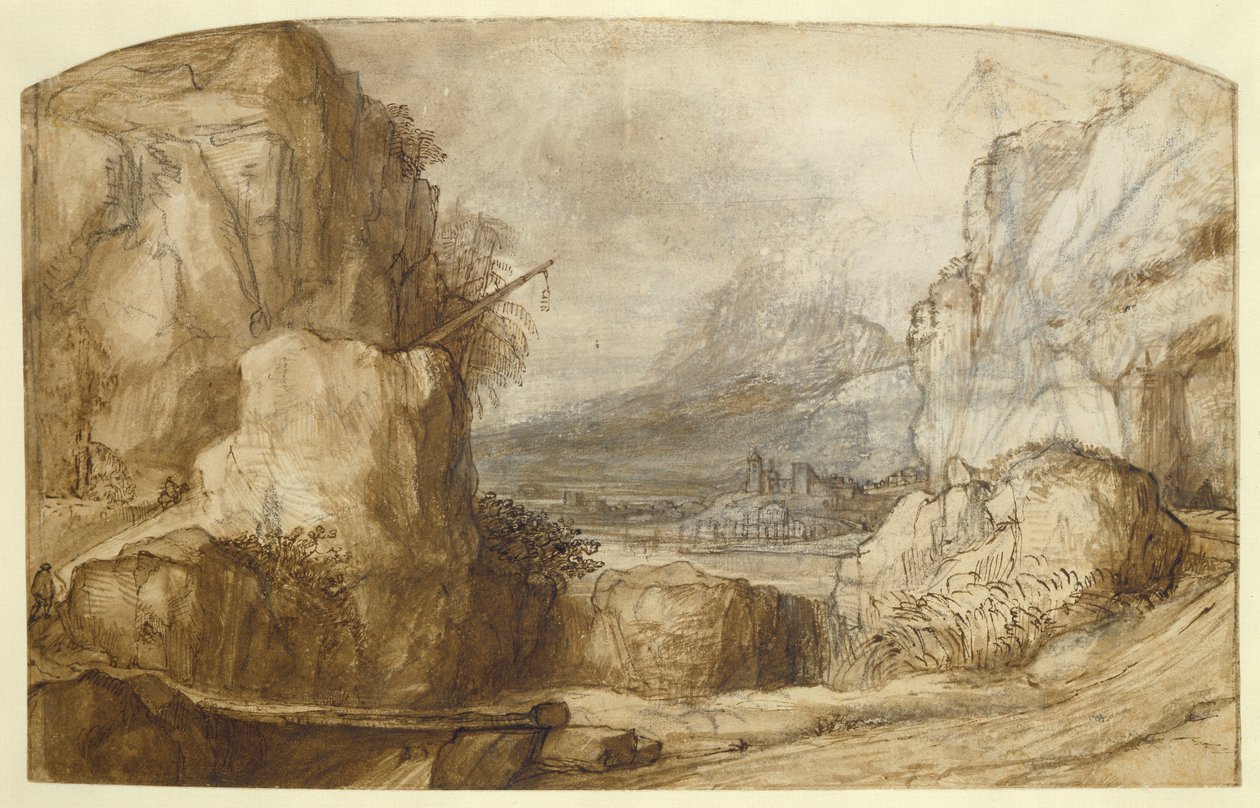 Paisagem montanhosa (caneta, tinta marrom, pincel e giz sobre papel) de Constantin Daniel van Renesse