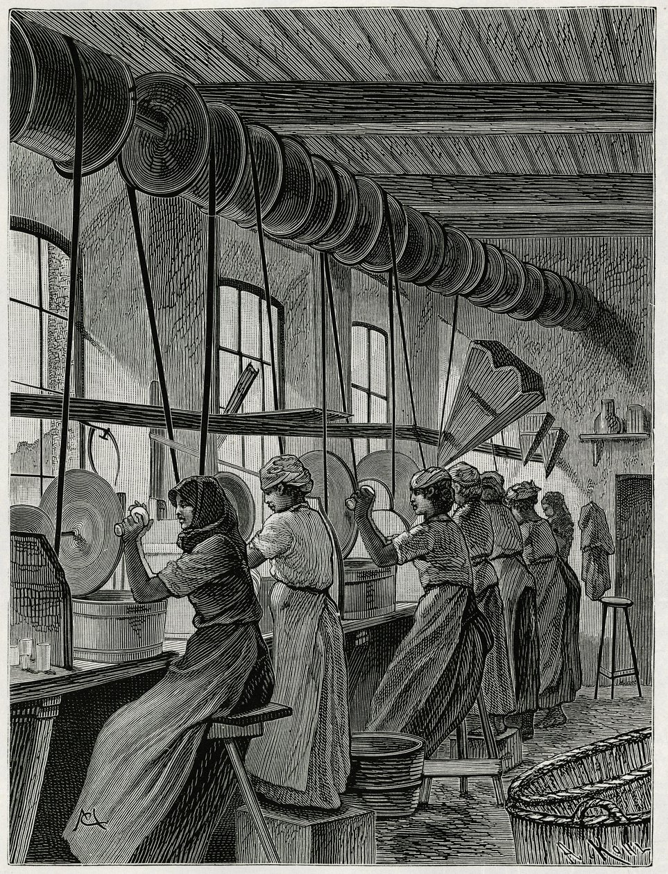 Uma oficina de mulheres no vidro de Val Saint Lambert. Gravura de C. Meunier para ilustrar a história "La Belgique", de Camille Lemonnier (1844-1913), escritor e crítico de arte. de Constantin Emile Meunier