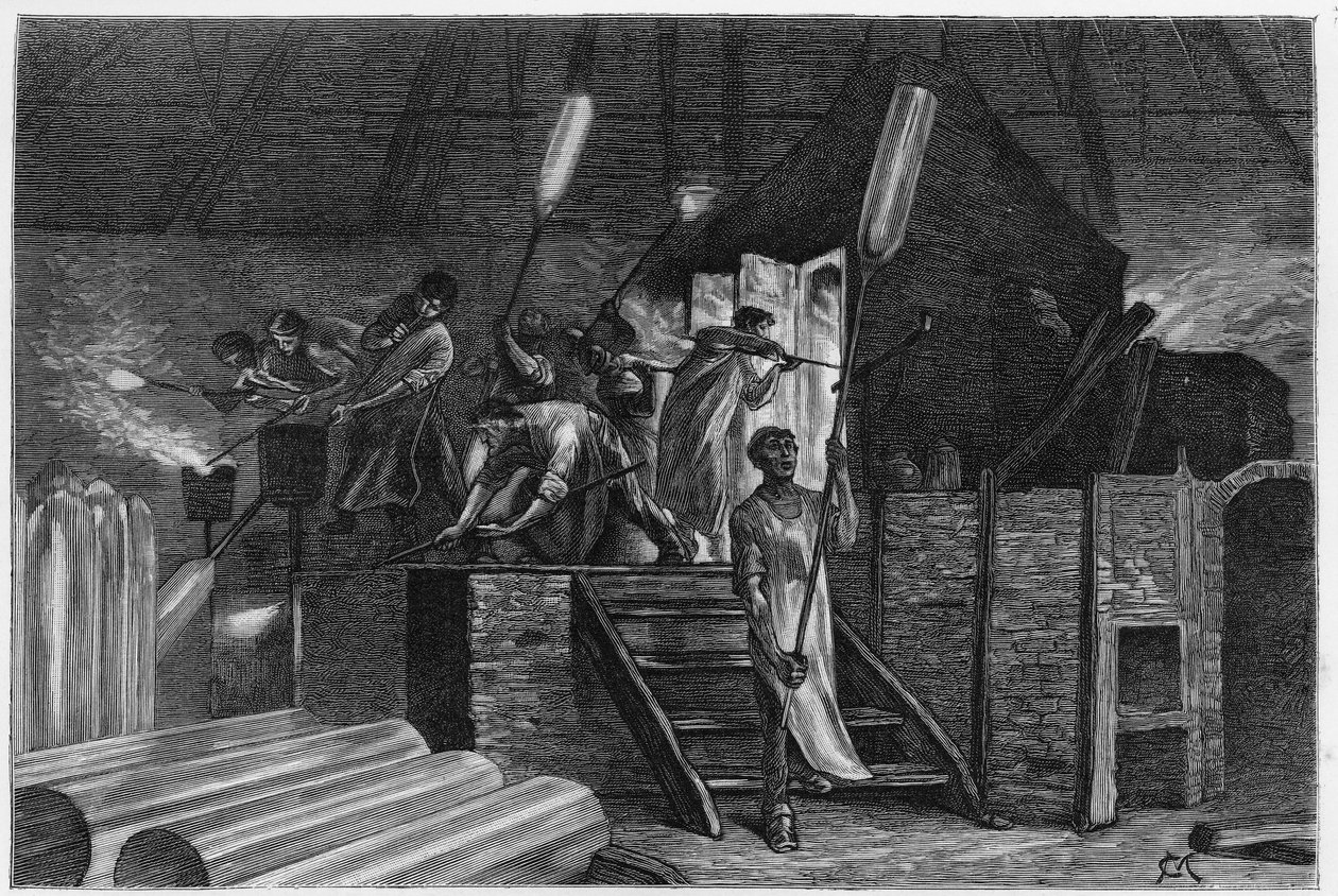Dentro de uma vidraria, em Lodelinsart (ou Lodlinsat, na cidade de Charleroi). Gravura de Constant Meunier, para ilustrar a história "Bélgica", de Camille Lemonnier (1844-1913) escritor belga. Publicado em Le Tour du monde, nouveau journal des voyages, 2 de Constantin Emile Meunier