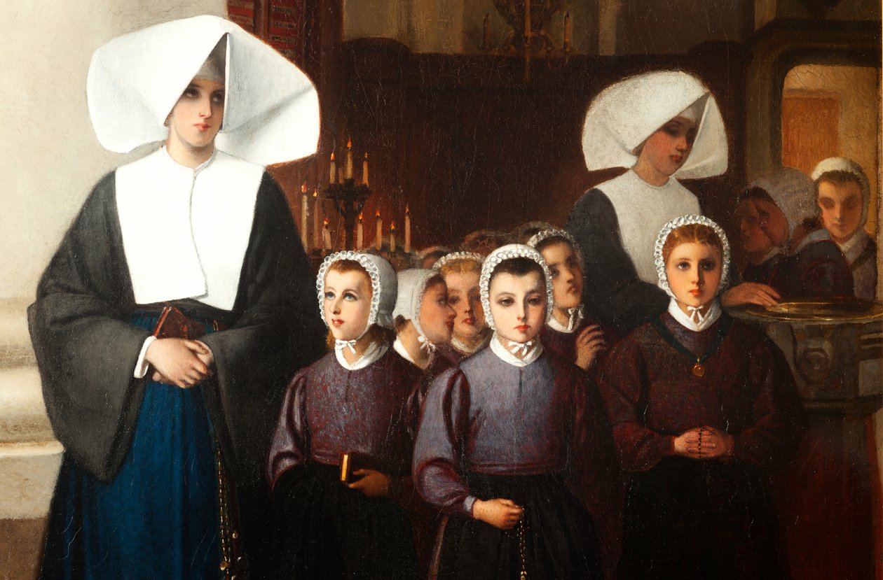 Pintura. Assinado e datado: Constant Meunier 1864. Os órfãos. Óleo sobre tela. Detalhe. de Constantin Emile Meunier