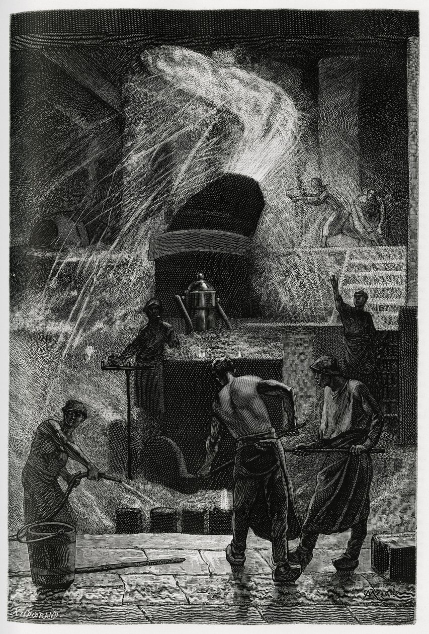 A fundição de aço nos estabelecimentos de cockerill em Seraing. Gravura de C. Meunier para ilustrar a história "La Belgique", de Camille Lemonnier (1844-1913), escritor e crítico de arte. de Constantin Emile Meunier