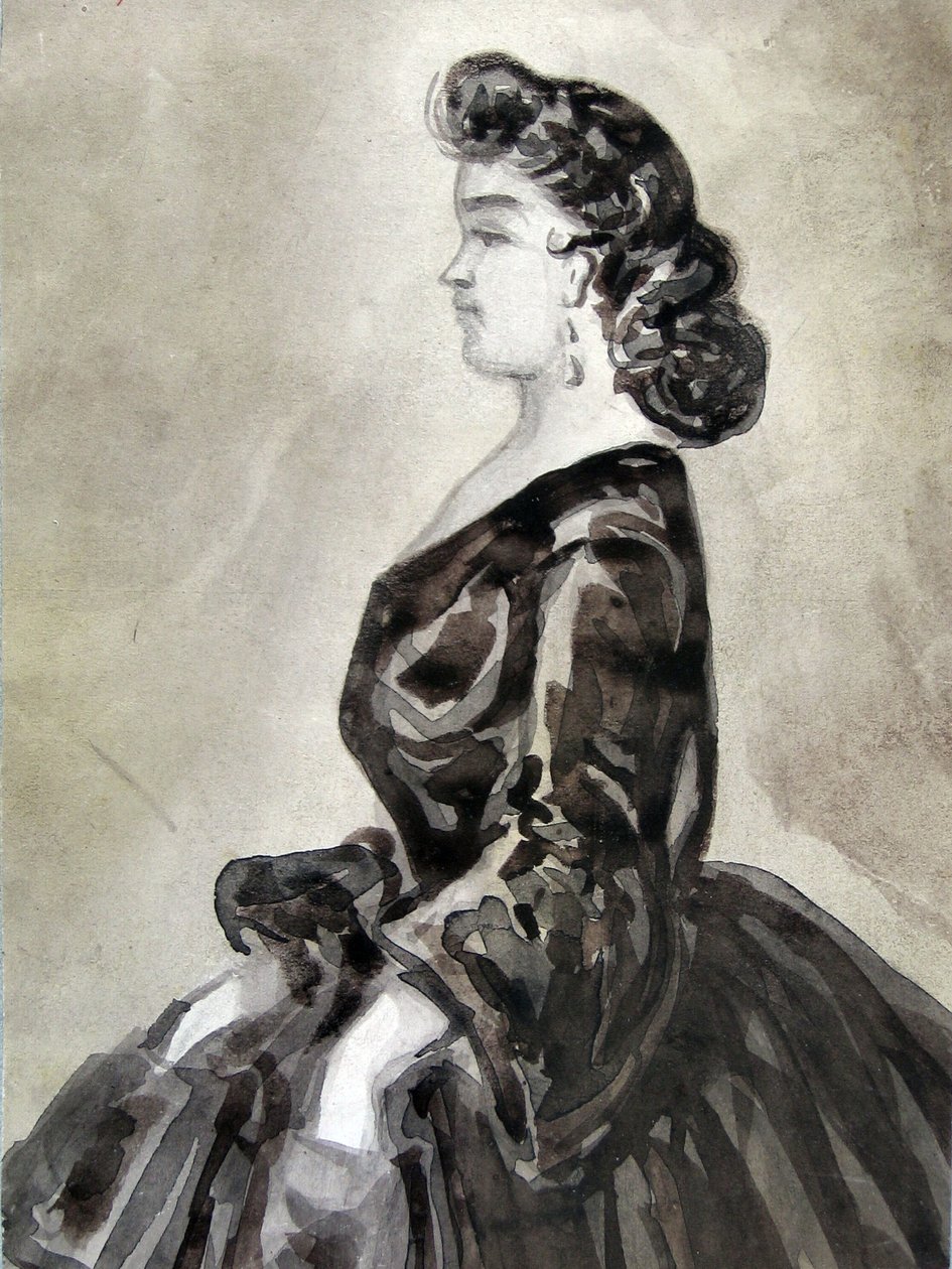 Esboço de uma mulher até à cintura, com as mãos nos bolsos, de perfil para a esquerda de Constantin Guys