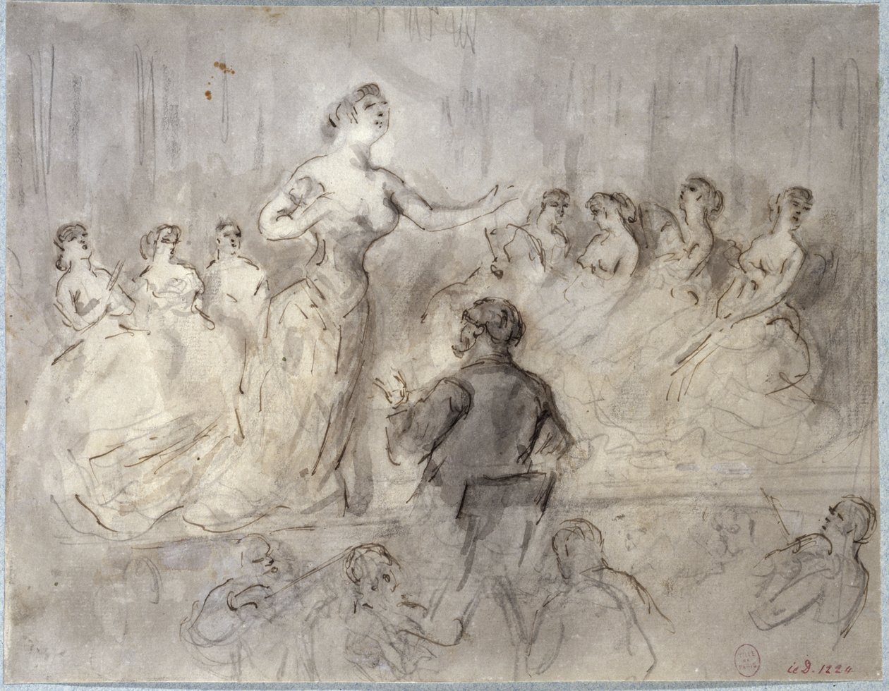 Cena de café-concert, orquestra e cantoras, cerca de 1875-1880 de Constantin Guys