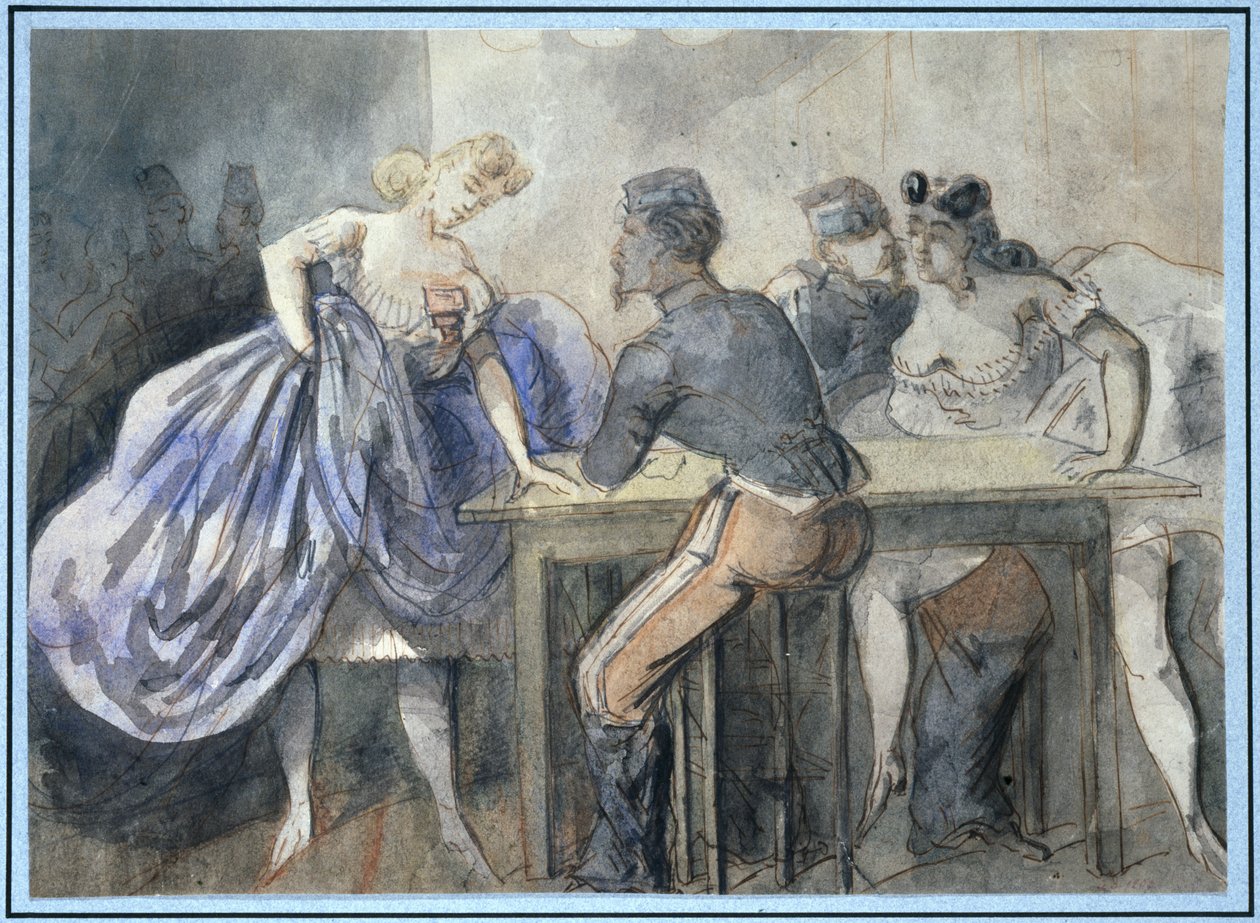 Cena numa casa pública, duas mulheres e dois militares à volta de uma mesa, ao fundo à esquerda, outras silhuetas de mulheres e homens. de Constantin Guys