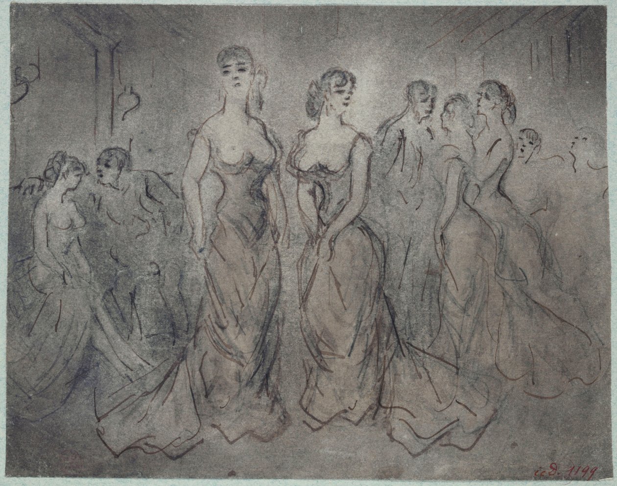 Cena no interior de uma casa de prostituição, mulheres e homens, por volta de 1875 de Constantin Guys