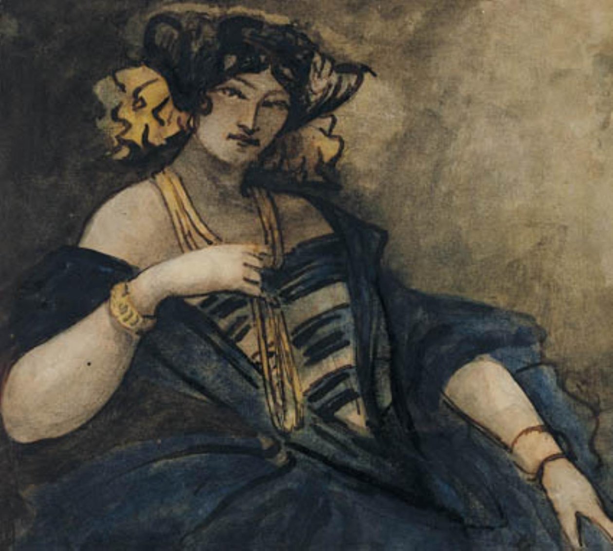 Mulher sentada, elegantemente vestida, meia figura de Constantin Guys