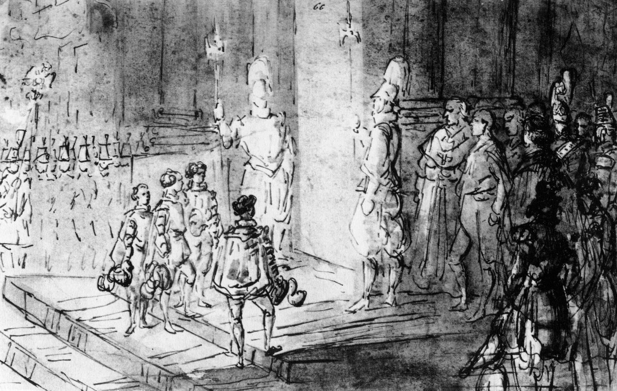 Guardas suíços e soldados franceses no Vaticano, 1930. de Constantin Guys