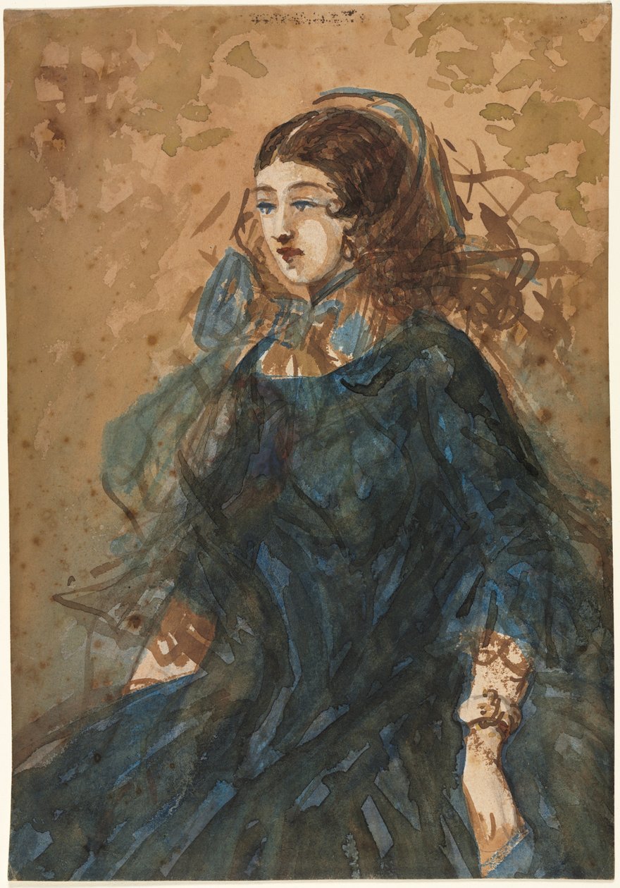 Mulher em um vestido azul reto, verso da cena do acampamento de guerra, 1855-1860. de Constantin Guys