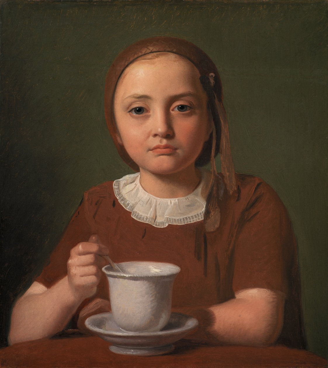 Dinamarquês:  En lille pige, Elise Købke, med en kop foran sig Retrato de uma menina, Elise Købke, com uma chávena à sua frente de Constantin Hansen