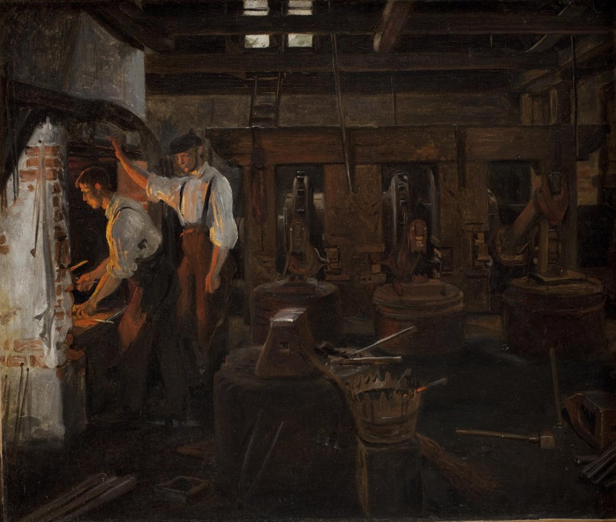 O interior do antigo moinho de martelos em Hellebæk de Constantin Hansen