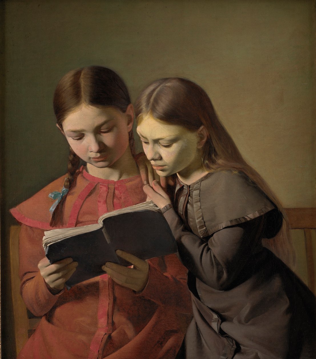As irmãs do artista Signe e Henriette lendo um livro, 1826 de Constantin Hansen