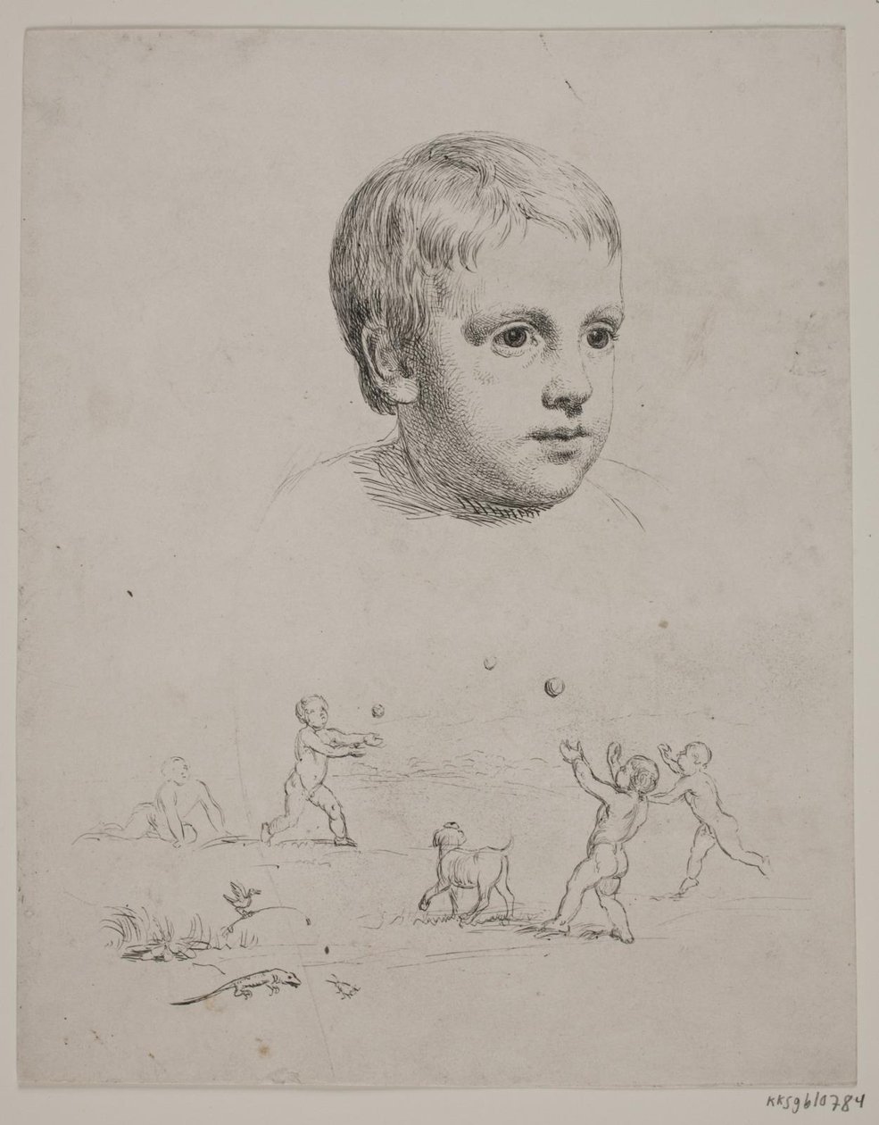 Retrato superior de T. N. Thiele quando criança, abaixo de quatro meninos jogando bola de Constantin Hansen