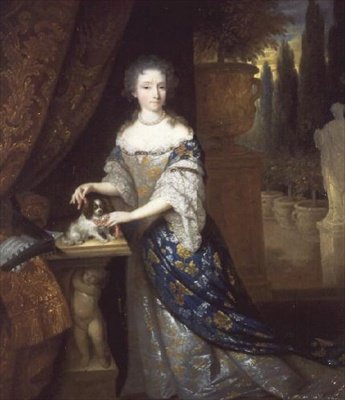 Um retrato de uma senhora com um cãozinho sentado num plinto, c.1690 de Constantin Netscher