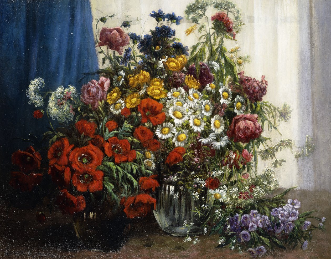 Papoulas, crisântemos, peônias e outras flores silvestres em vasos de vidro (óleo sobre tela) de Constantin Stoitzner