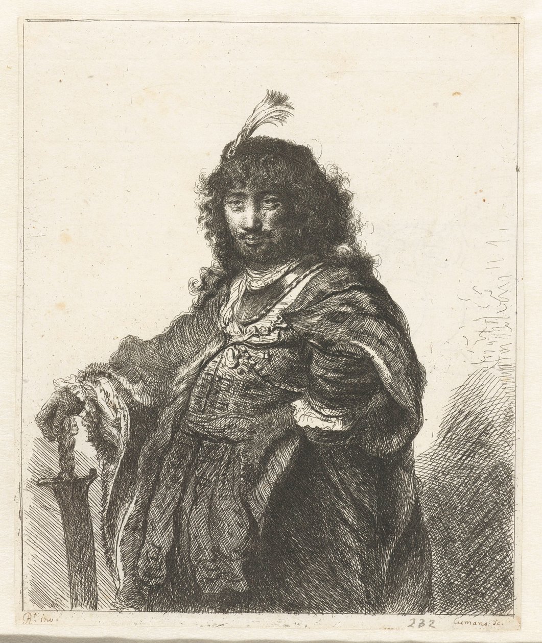 Auto-retrato (?) com gorro emplumado e sabre rebaixado de Constantino Cumano