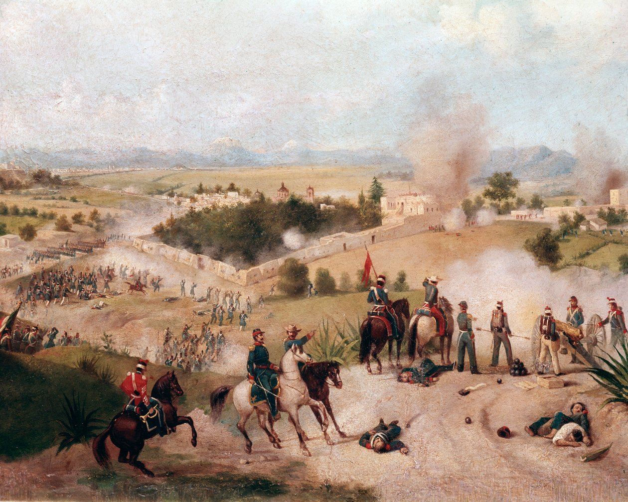 Guerra América-México: vista da batalha de Molino del Rey em 08/09/1847 - (Guerra Mexicano-Americana, vista da batalha de Molino del Rey) Pintura de Detalhe de Constantino Escalante (1836-1868) de Constantino Escalante