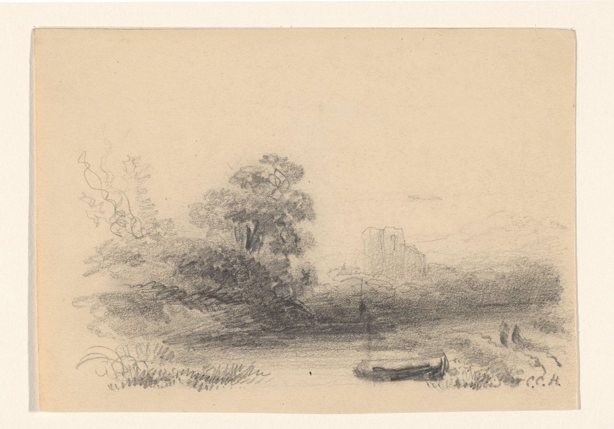 Paisagem com água e barco a remo de Constantinus Cornelis Huysmans (signed by artist)