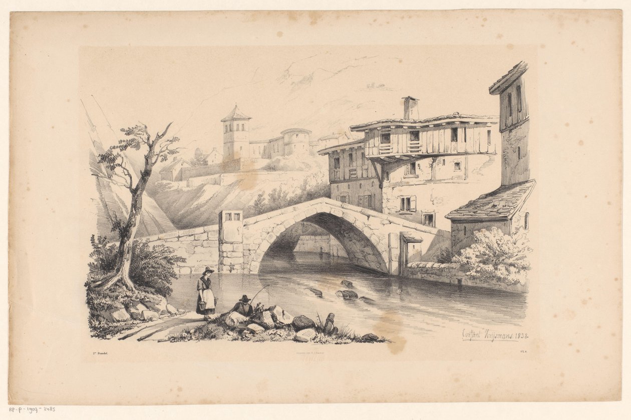 Ponte sobre o rio na aldeia de montanha A Paisagem (título da série) de Constantinus Cornelis Huysmans