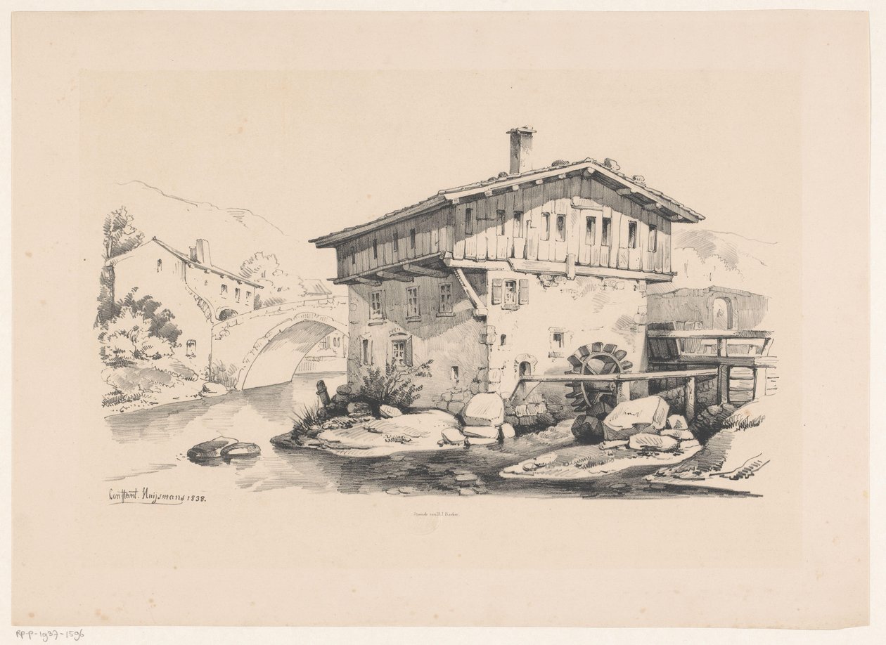 Casa e moinho de água em aldeia de montanha
A Paisagem (título da série) de Constantinus Cornelis Huysmans