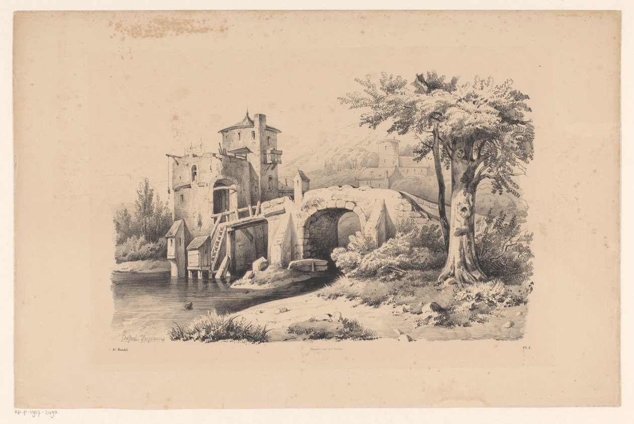 Paisagem com ponte e torre de fortaleza A Paisagem (título da série) de Constantinus Cornelis Huysmans
