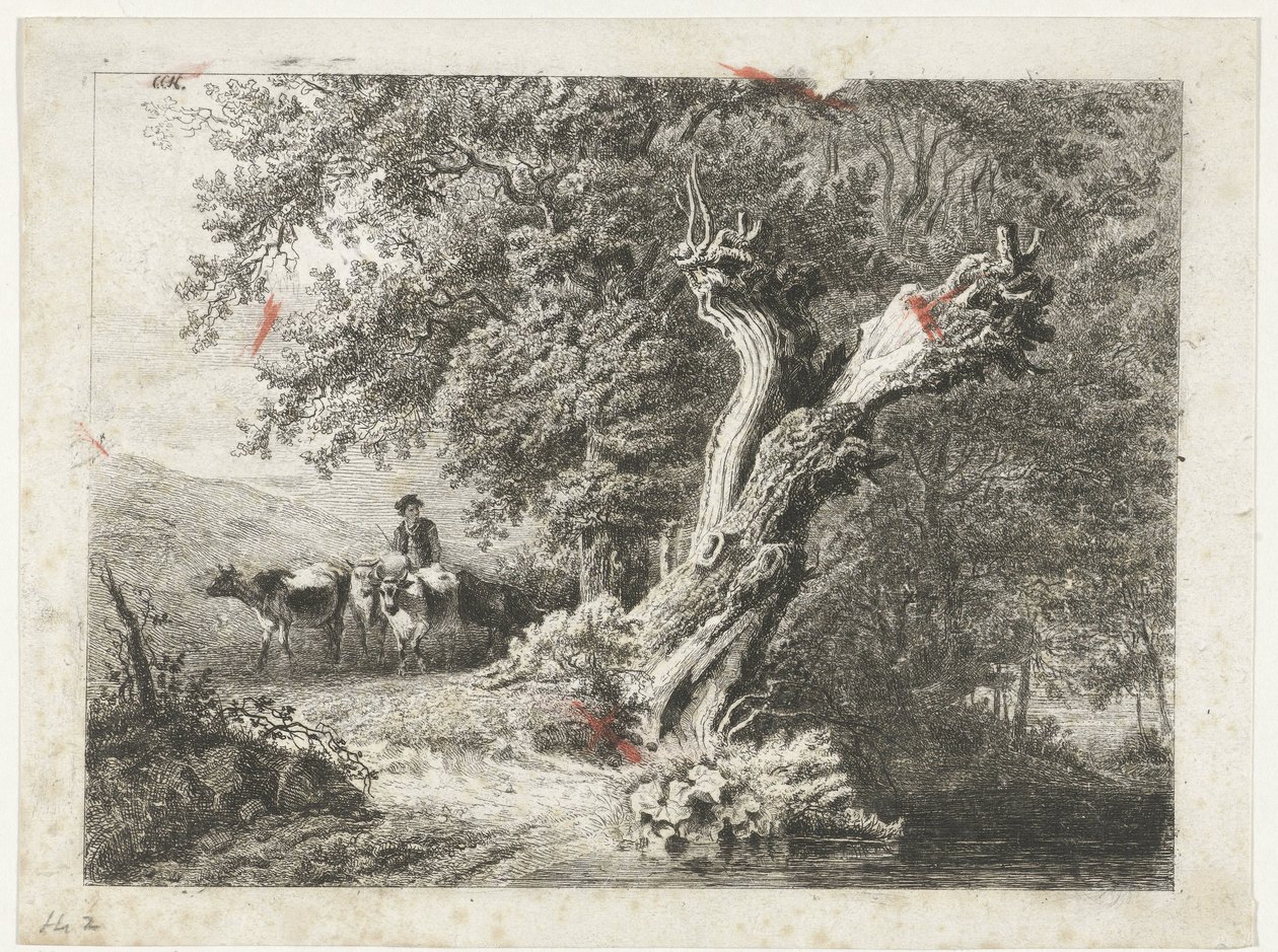 Paisagem com árvore nua e pastor de Constantinus Cornelis Huysmans