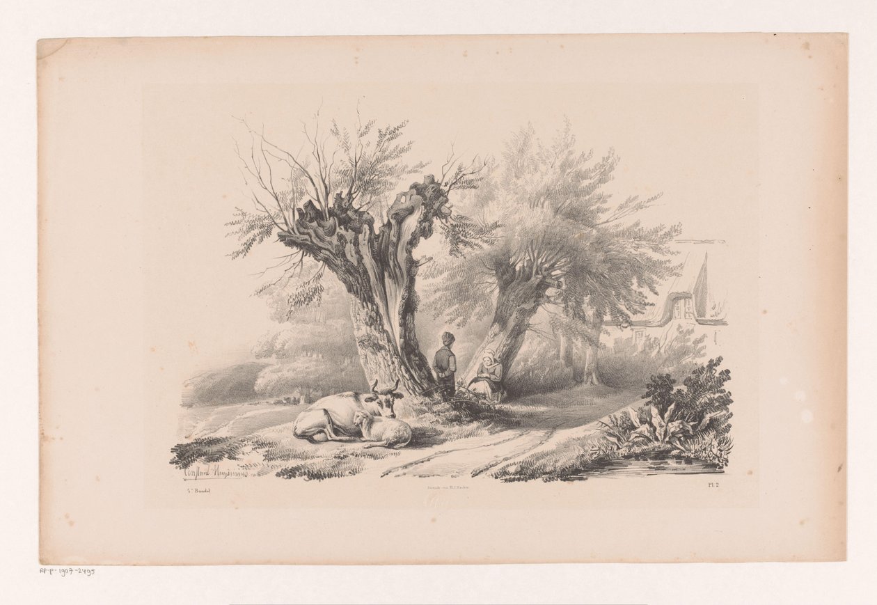 Estrada rural com homem e mulher descansando A Paisagem (título da série) de Constantinus Cornelis Huysmans