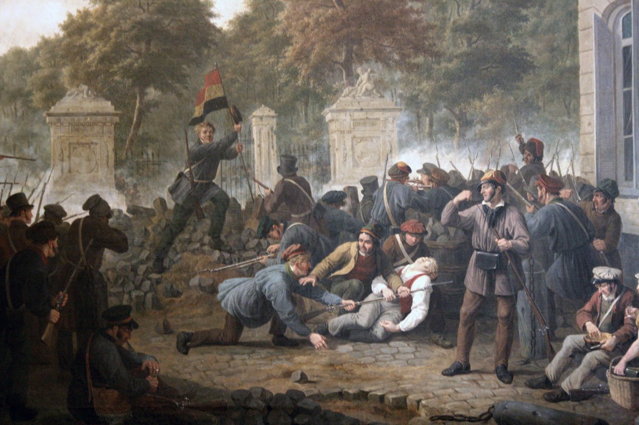 Barricada revolucionária de frente para o Parque de Bruxelas durante os combates entre rebeldes belgas e forças holandesas em 1830 de Constantinus Fidelio Coene