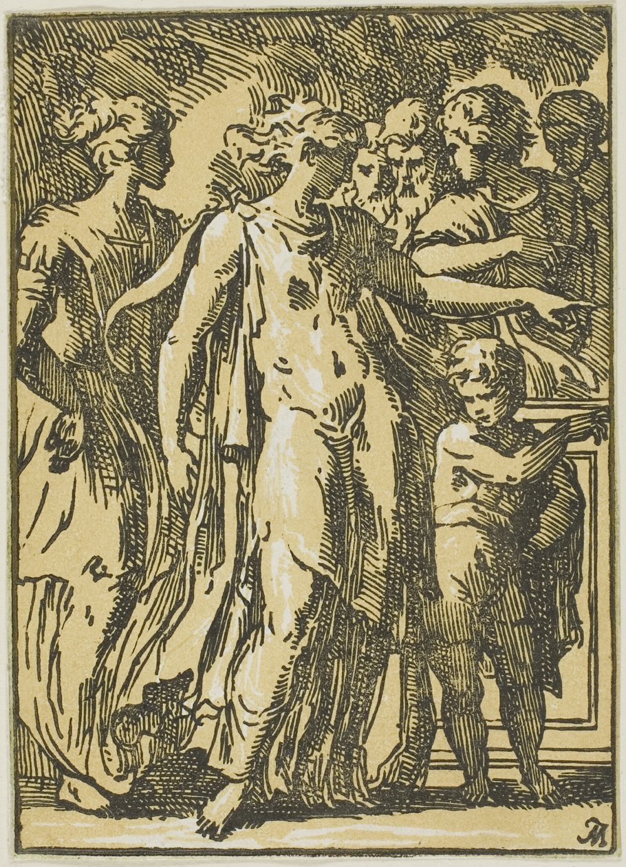 Uma mulher, uma criança e figuras à volta de um pedestal de Conte Antonio Maria Zanetti the Elder