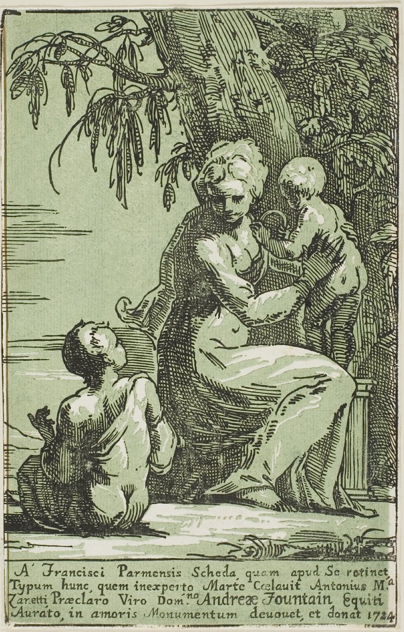 Uma mulher ao pé de uma árvore segurando uma criança de Conte Antonio Maria Zanetti the Elder