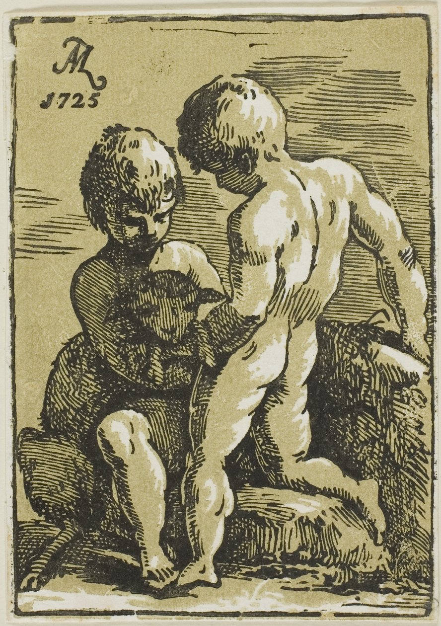 Duas crianças a acariciar um cordeiro de Conte Antonio Maria Zanetti the Elder
