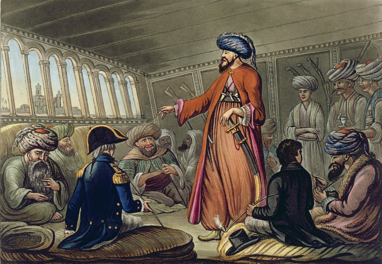 Um mameluco entregando uma mensagem de Mourad Bey, gravado por Joseph Constantine Stadler (fl.1780-1812) publicado por I. White, Londres, 1801 de Cooper Willyams