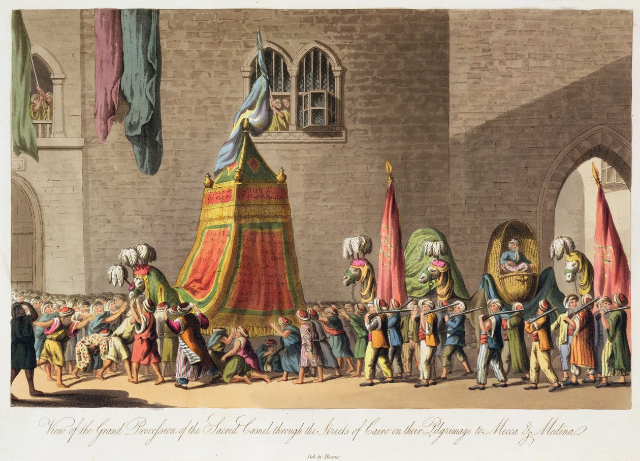 Uma visão da grande procissão do camelo sagrado pelas ruas do Cairo em sua peregrinação a Meca e Medina, pub. 1822 de Cooper Willyams