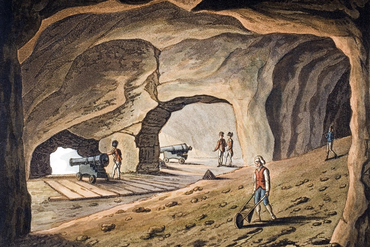 Dentro de uma galeria na rocha de Gibraltar, gravada por Joseph Constantine Stadler (fl.1780-1812) de Cooper Willyams