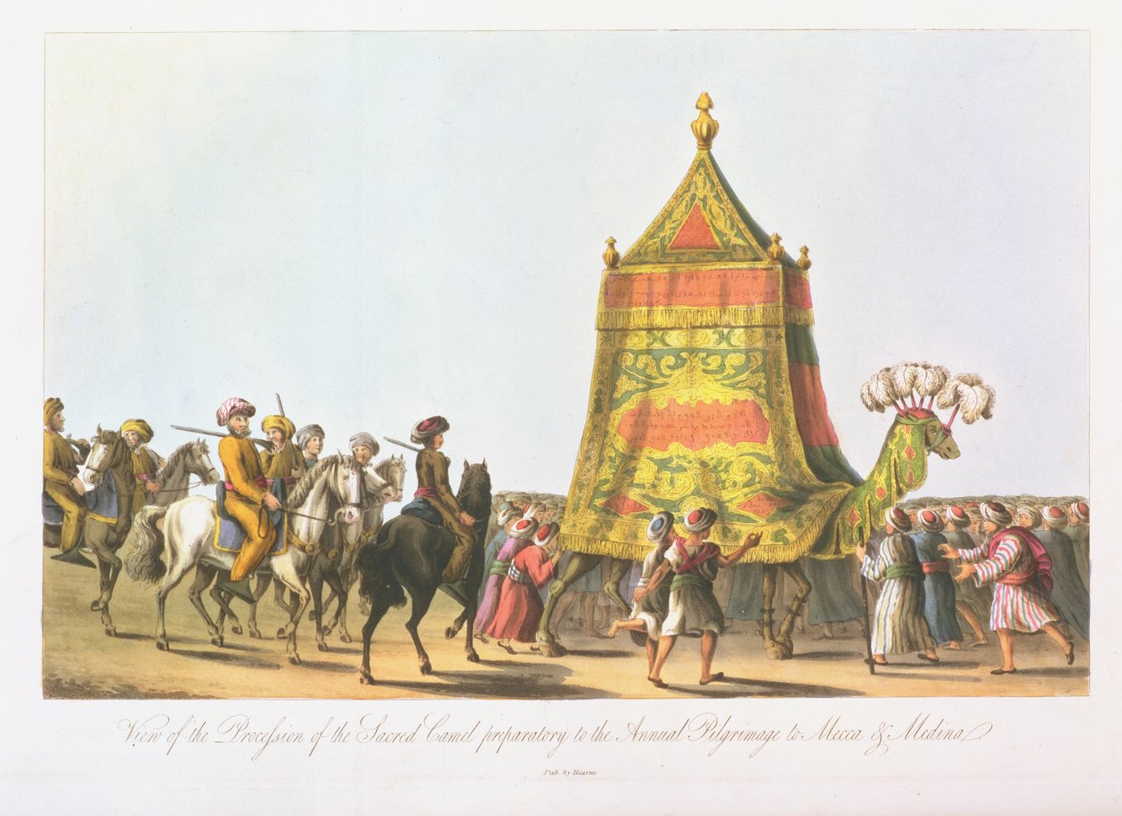 Vista da procissão do camelo sagrado preparatório para a peregrinação anual a Meca e Medina, pub. 1822 de Cooper Willyams