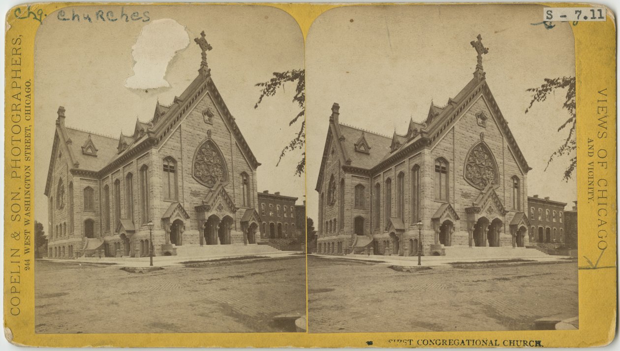 Estereografia da Primeira Igreja Congregacional, Chicago, c.1870 (foto bw no cartão de montagem) de Copelin and Hine Copelin and Hine
