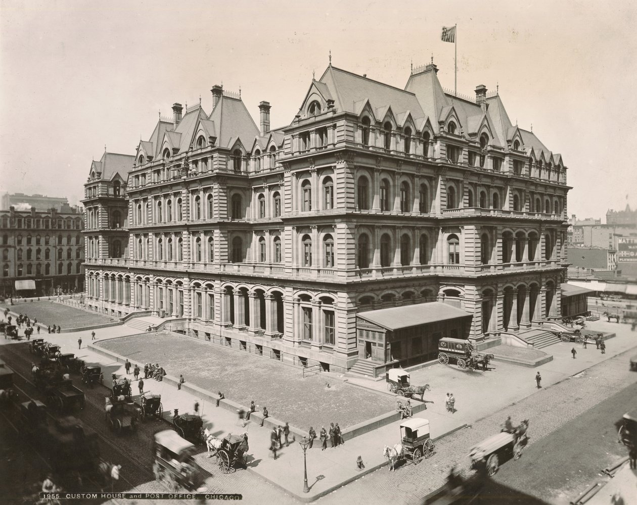 Vista, de, correio, e, alfândega, casa, em, rua Clark, e, choque jackson, chicago, 1889 de Copelin and Hine Copelin and Hine