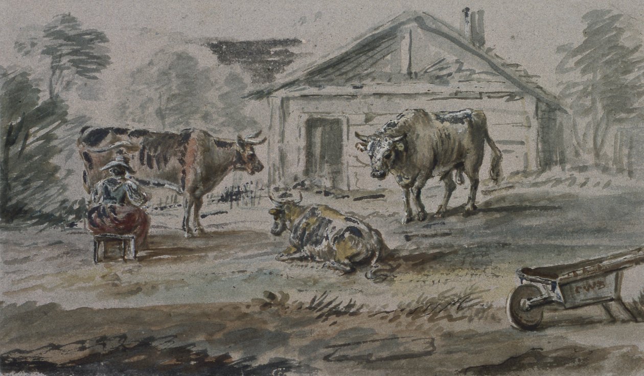 Gado em pé antes de uma casa de campo de Copplestone Warre Bamfylde