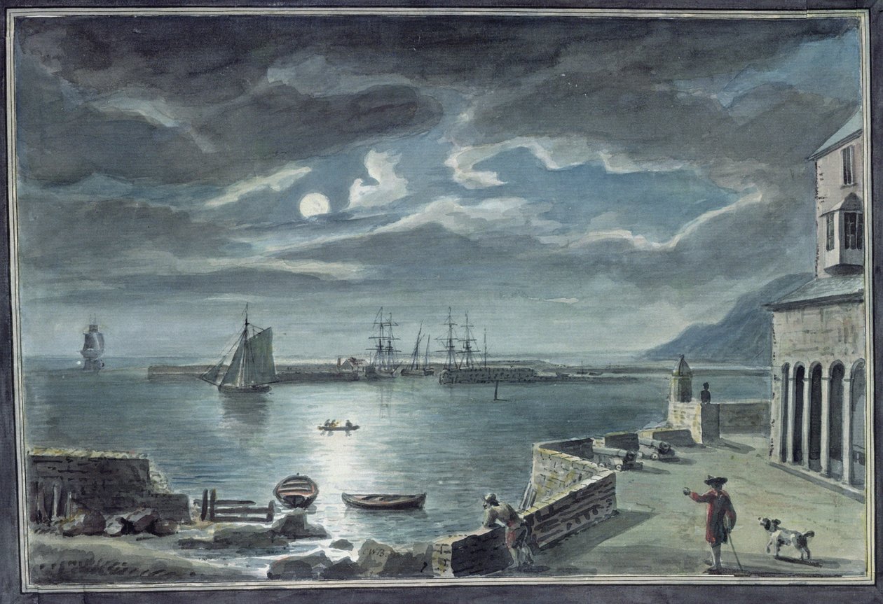 O porto e o Cobb, Lyme Regis, Dorset, pelo luar de Copplestone Warre Bamfylde