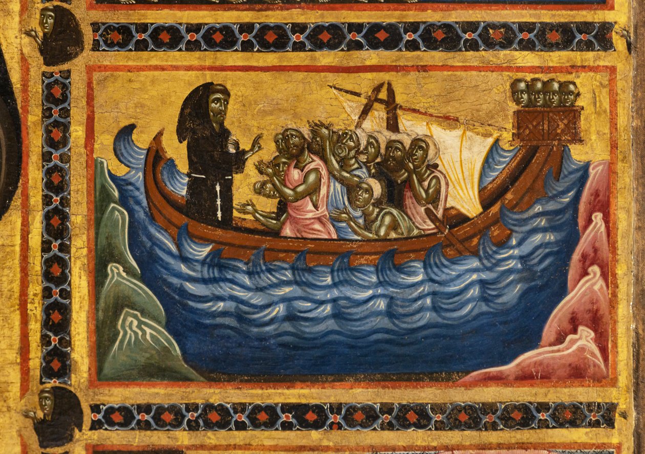 Retábulo de Bardi São Francisco e vinte histórias de sua vida, A Capela Bardi, detalhe do Santo salvando um barco que havia deixado Ancona de Coppo di Marcovaldo