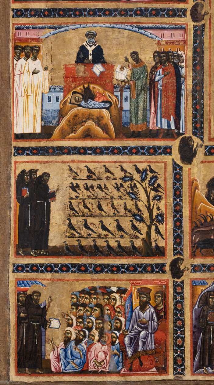retábulo de Bardi São Francisco e vinte histórias da sua vida, detalhes de cima: a criação do presépio em Greccio São Francisco pregando às aves, São Francisco pregando aos muçulmanos em frente ao Sultão,1245-50 de Coppo di Marcovaldo