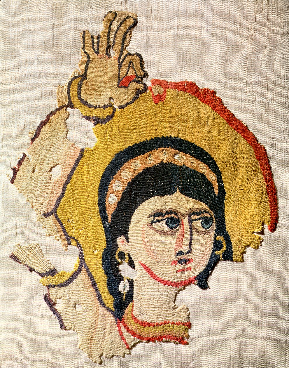 Fragmento de uma tapeçaria representando a cabeça de uma bailarina (lã e linho) de Coptic