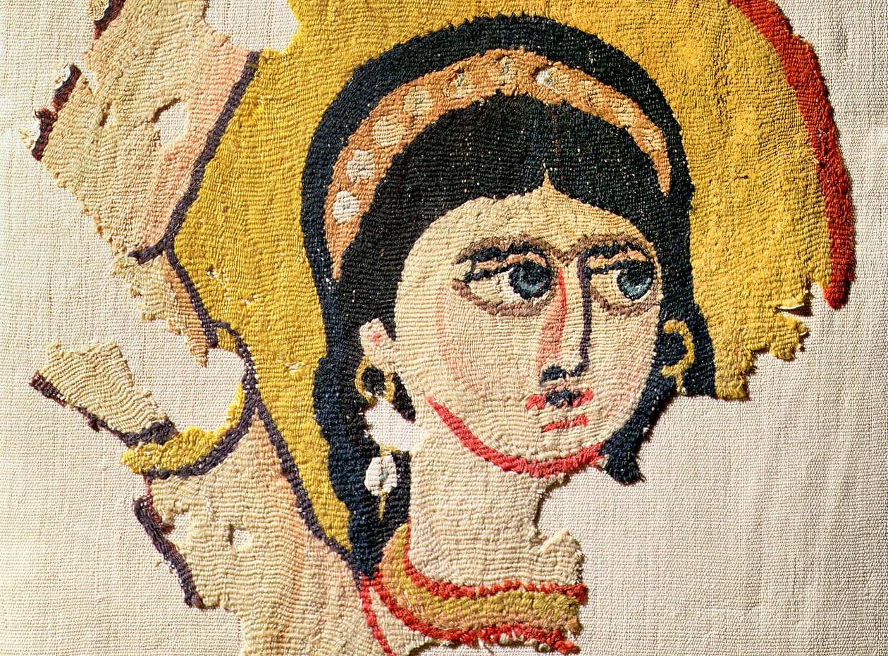 Fragmento de uma tapeçaria representando a cabeça de um detalhe de linho e linho de bailarina de 107971 de Coptic
