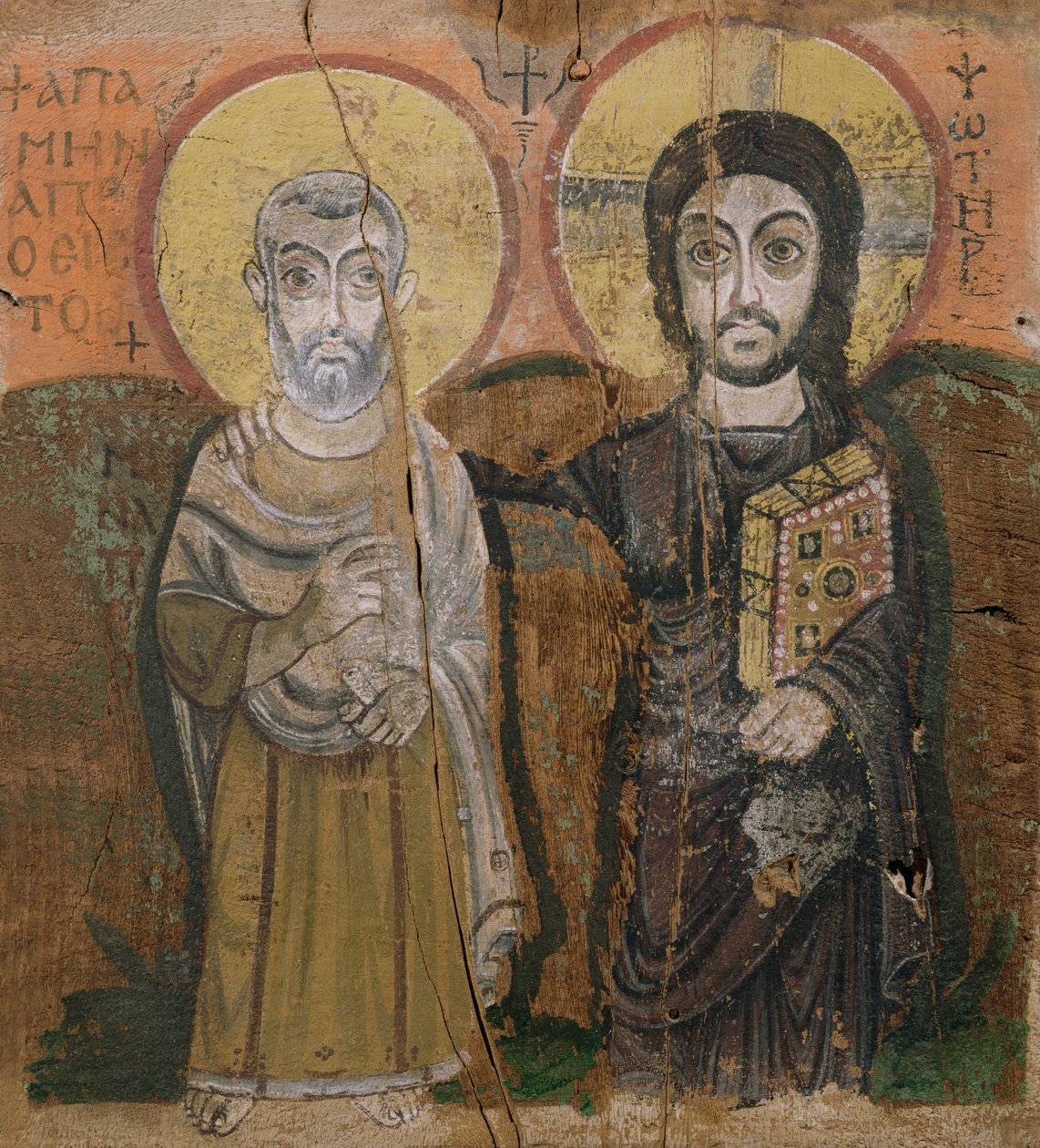 Ícone representando Abbott Mena com Cristo, de Baouit, 6º-7º século (têmpera no painel) de Coptic