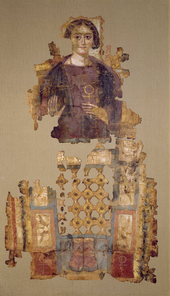 Sudário, representando uma mulher segurando um ankh, de Antinoe, 3º-4º século (tecido pintado) de Coptic